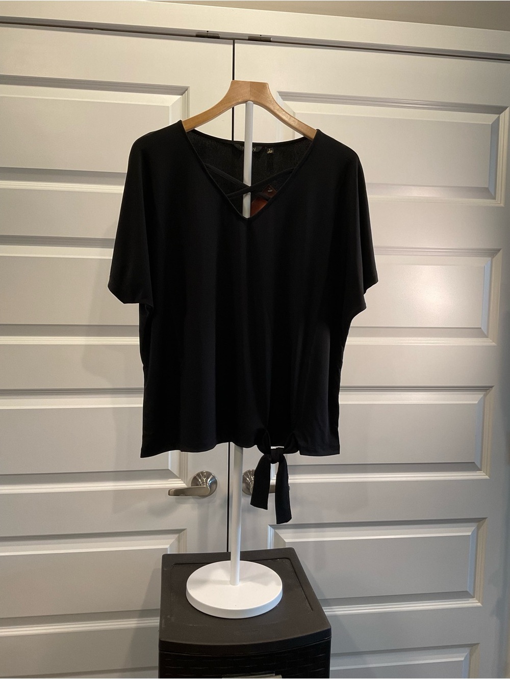 IMAN Black V-Neck Tie-Front Blouse